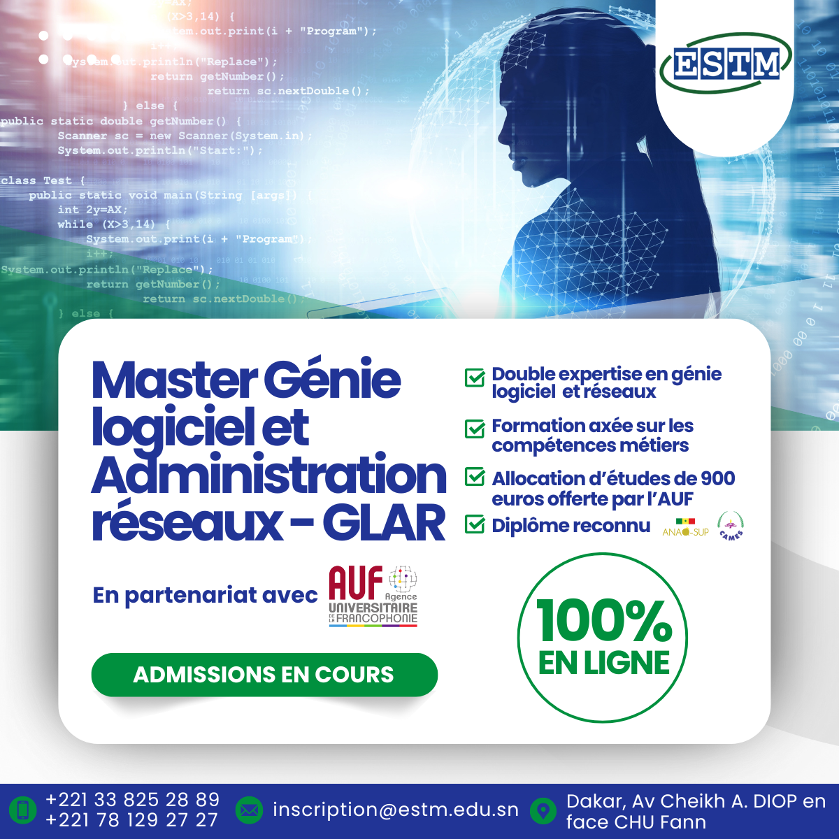 🎓 Intégrez notre Master 100 % en ligne en Génie logiciel et Administration des réseaux avec une bourse de l’AUF – Admissions ouvertes !